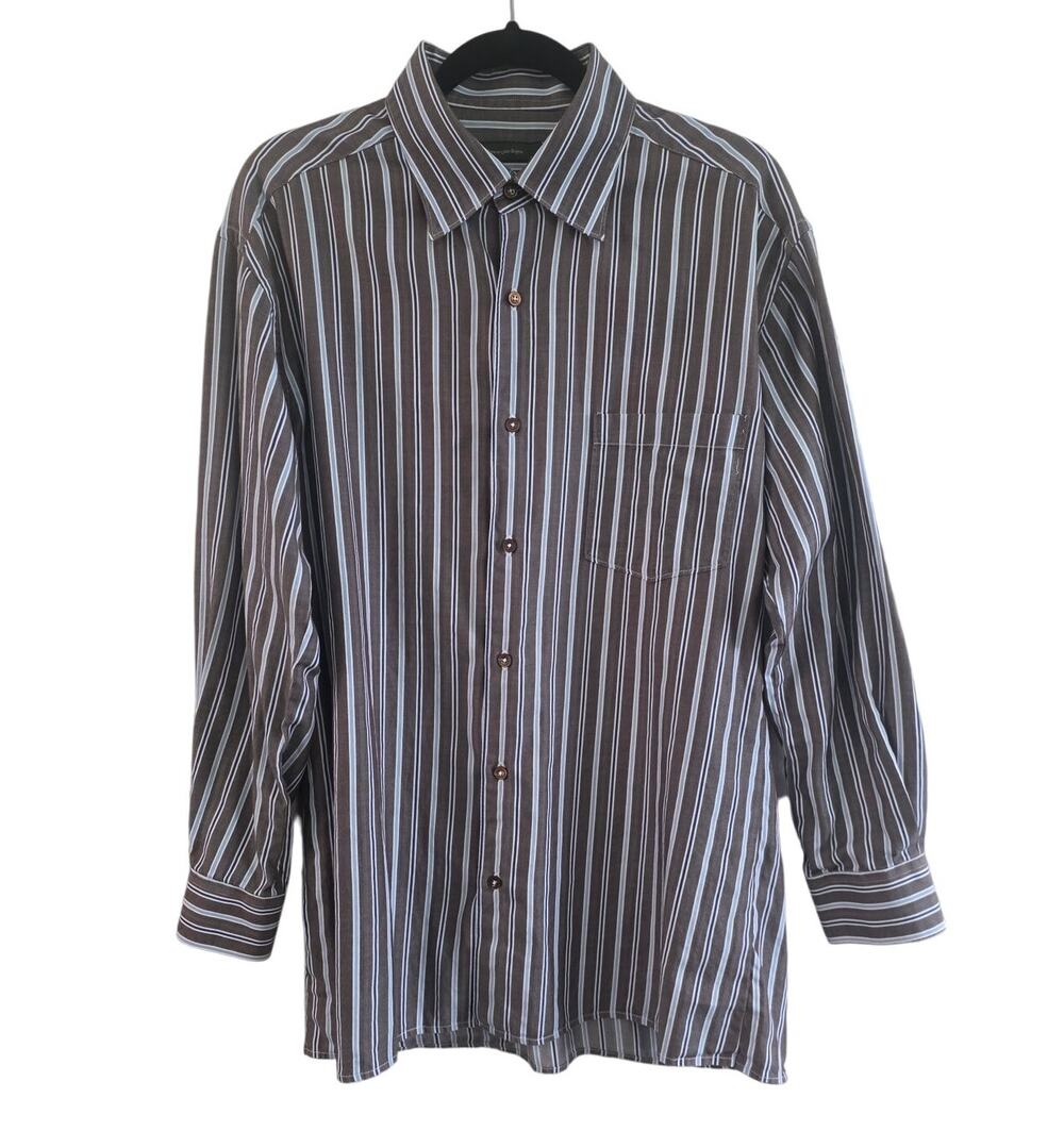 Ermenegildo Zegna Dress Shirt Men's XL Brown Blue Stripe 100% Cotton Business